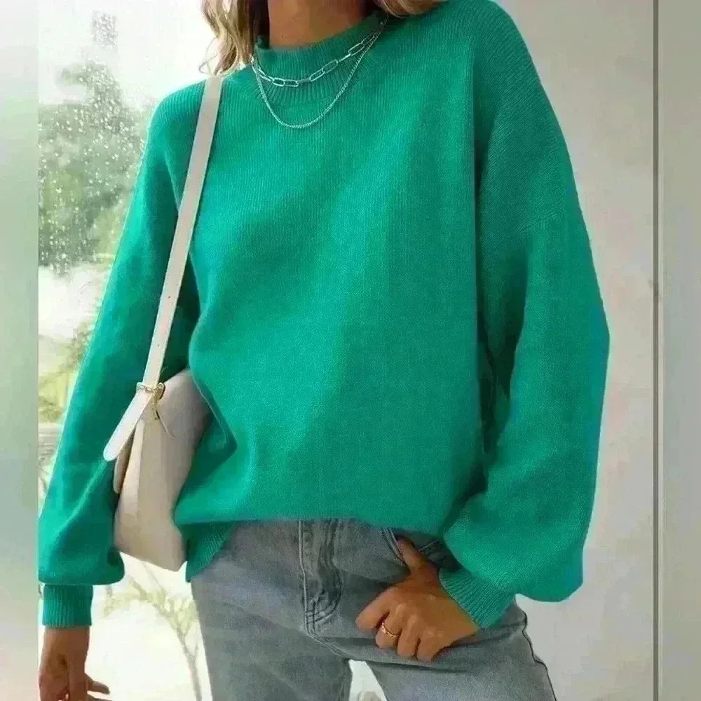 Casual Turtleneck Long Lantern Sleeve Oversized Ribbed Knit Pullover Sweater